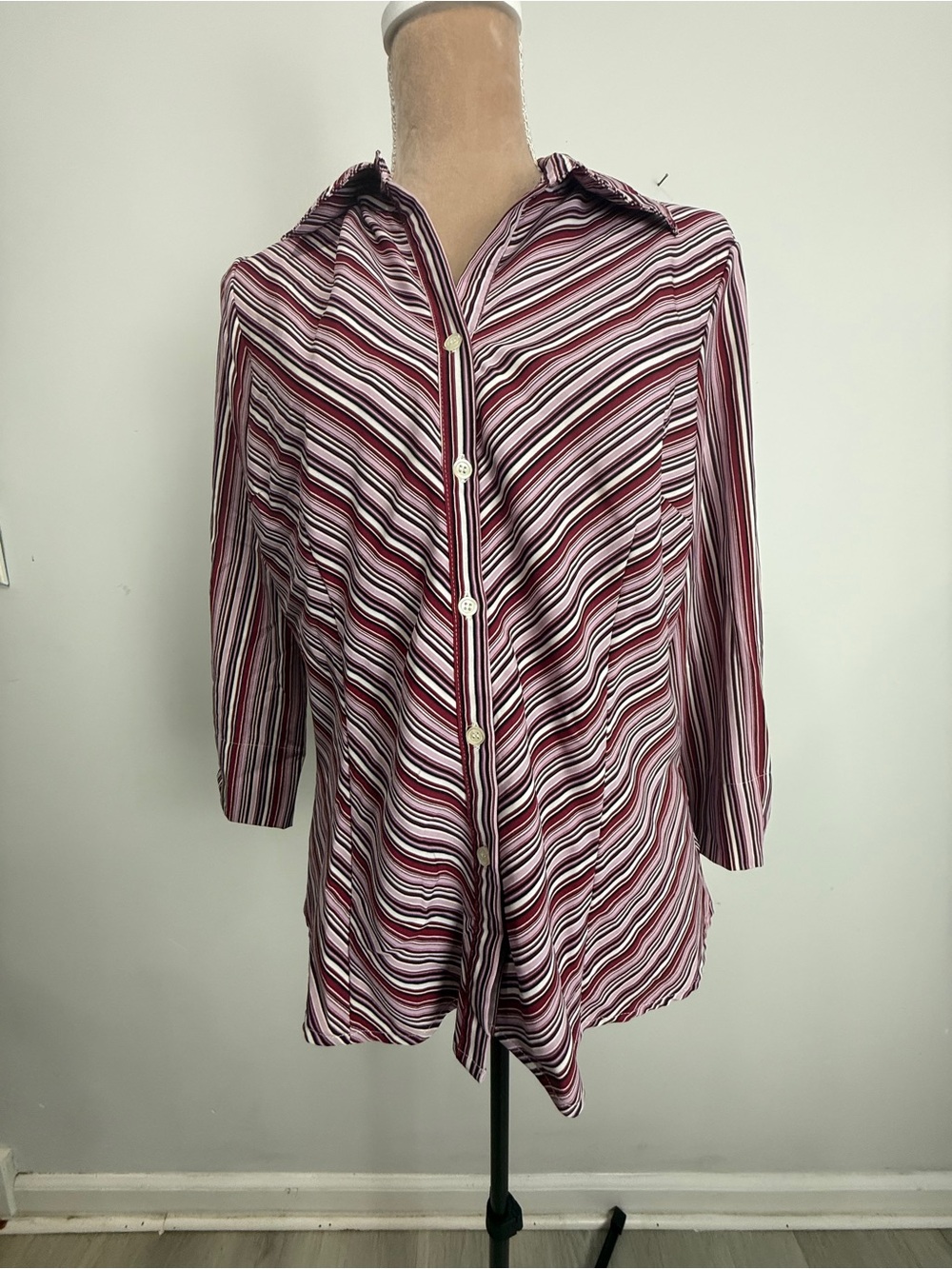 Covington Striped Button-Up Blouse in Burgundy, White, and Pink